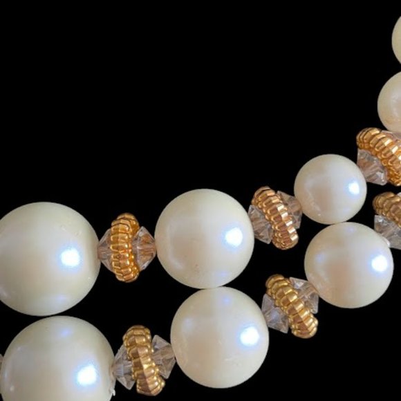 Vintage Retro Chunky Faux Pearl & Gold Tone Crystal Necklace Earrings Set 1950's - Picture 8 of 11